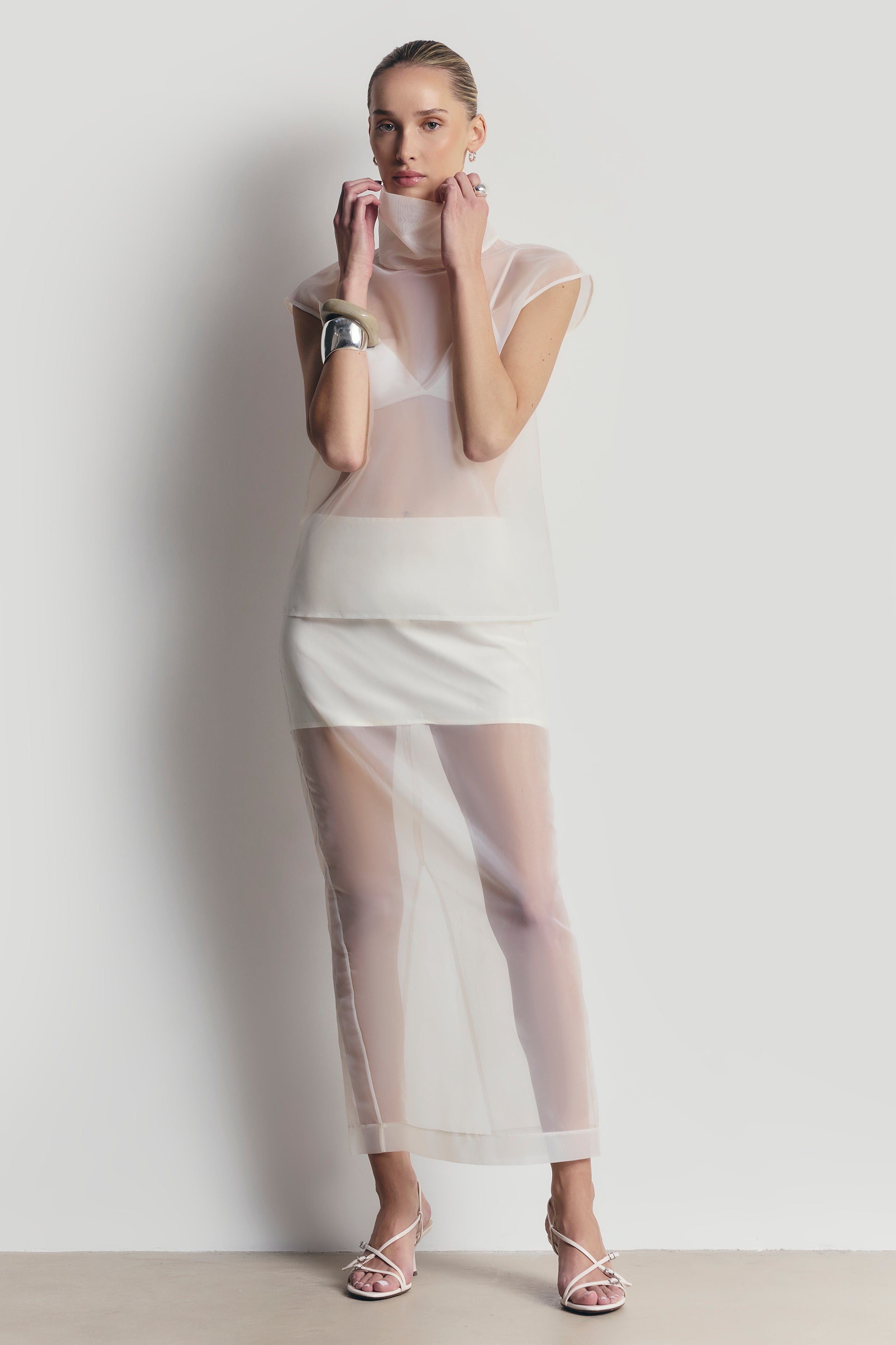 Sheer Organza Funnel Neck Blouse - Cream