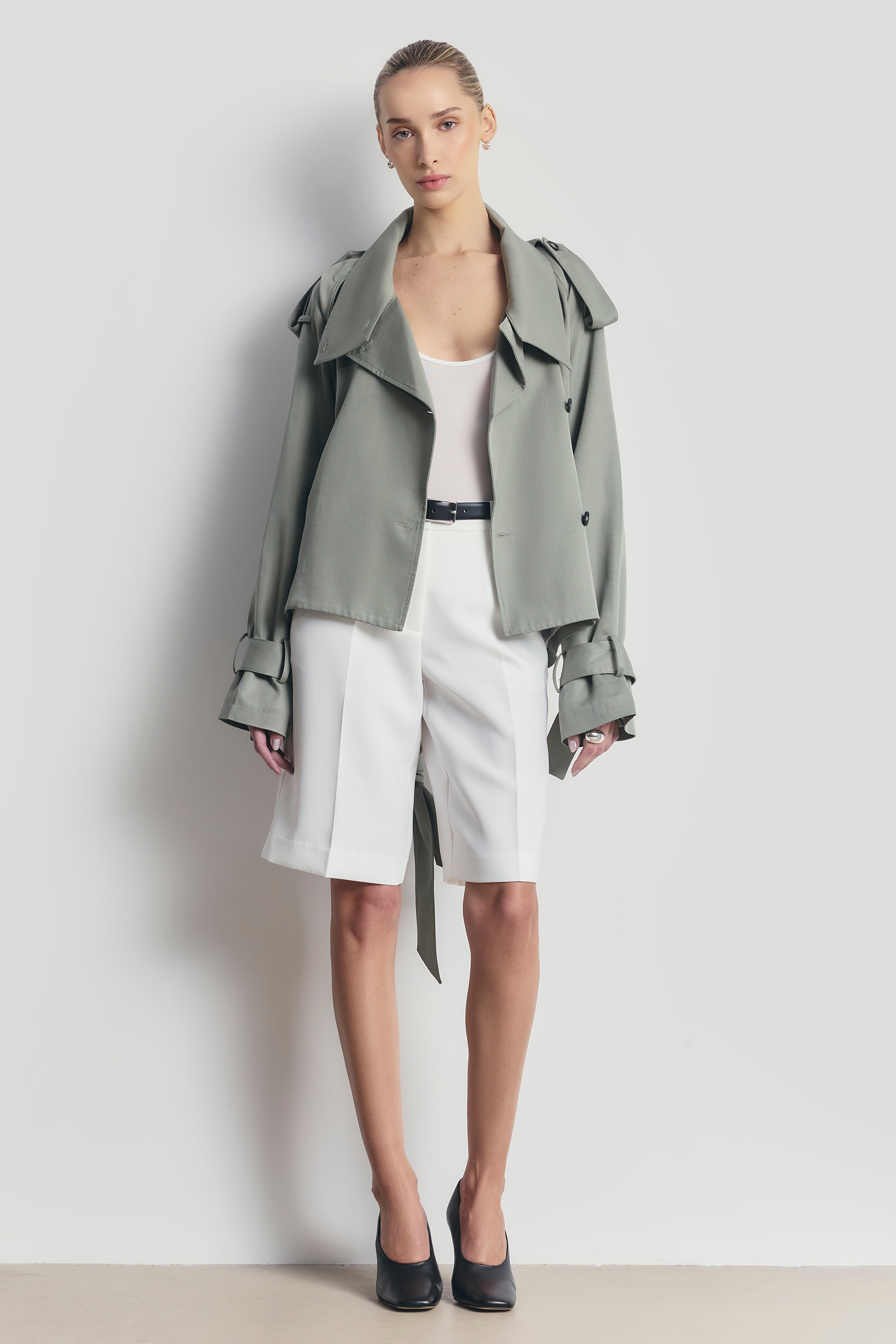 Cropped Funnel Neck Trench - Antique Sage