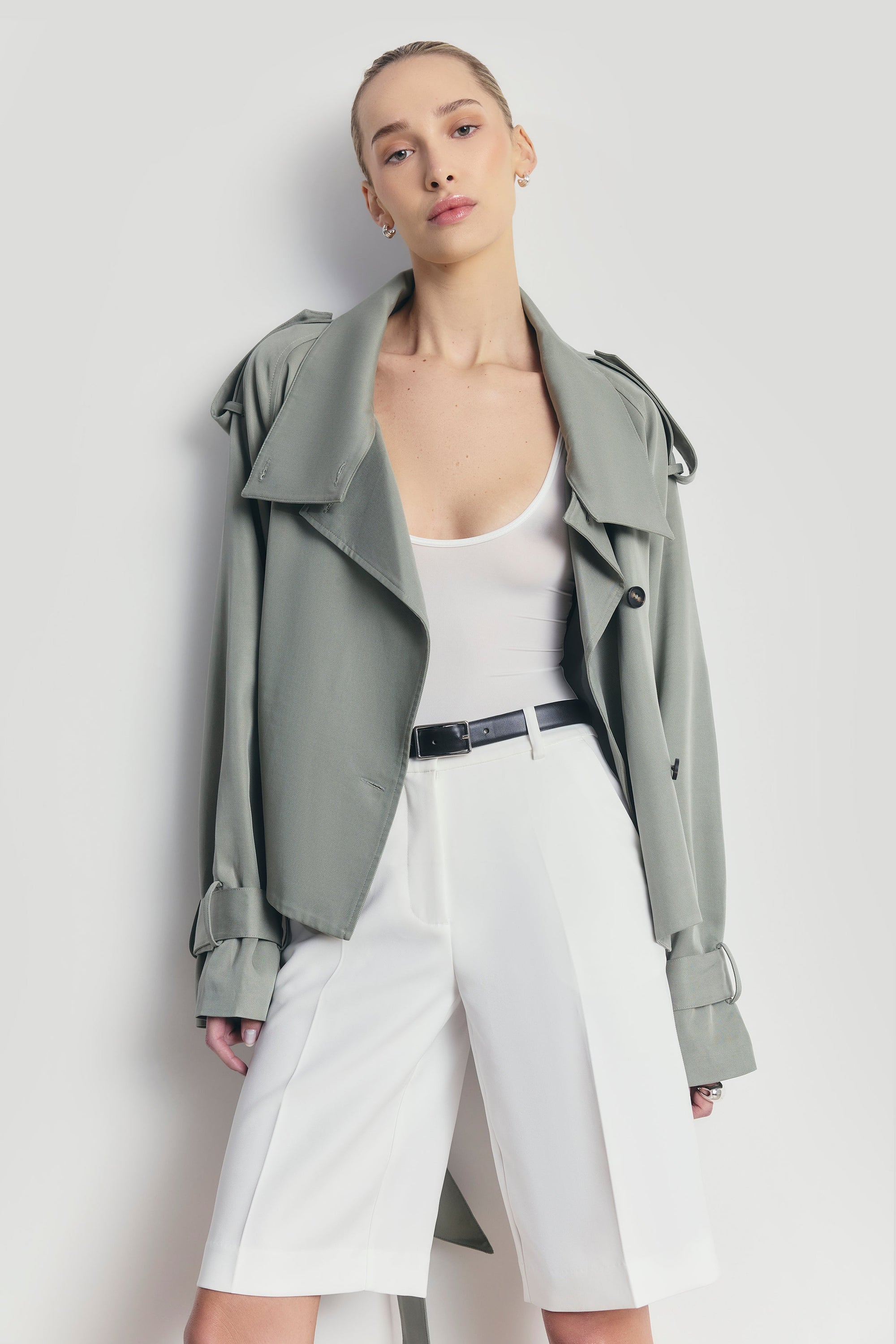 Cropped Funnel Neck Trench - Antique Sage