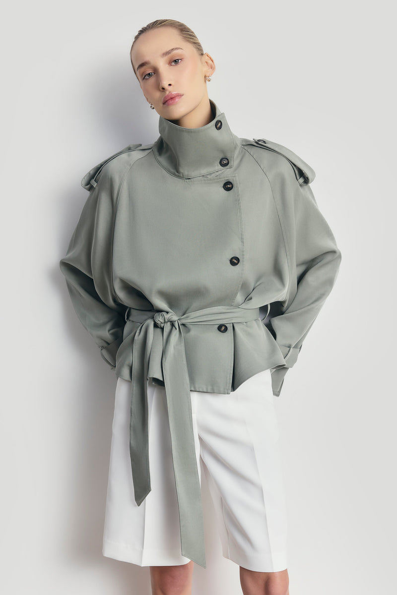 Cropped Funnel Neck Trench - Antique Sage
