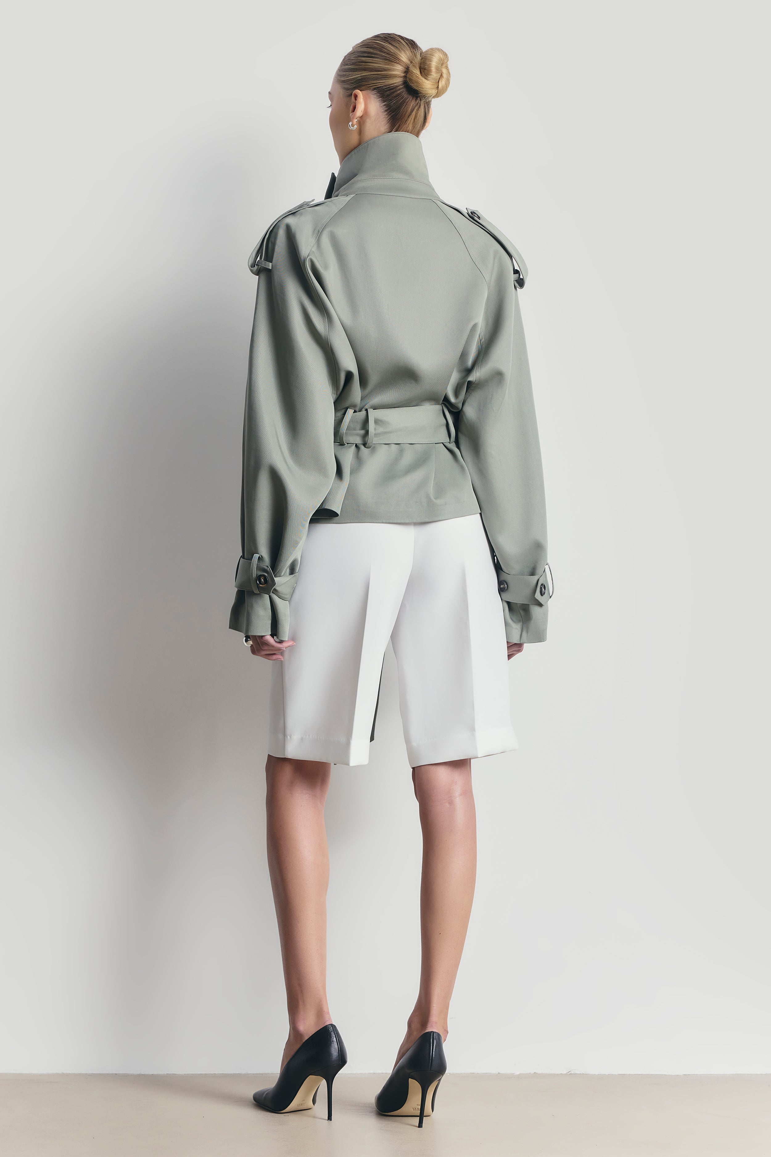 Cropped Funnel Neck Trench - Antique Sage