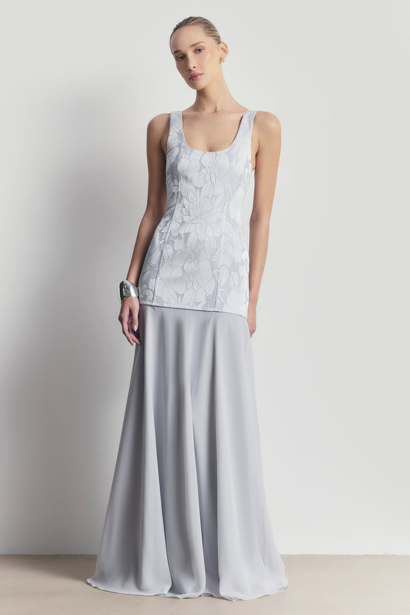 Jacquard Corset Gown with Chiffon Skirt - Frost