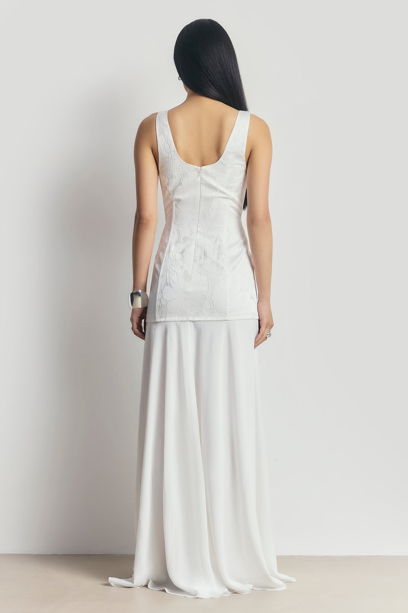 Jacquard Corset Gown with Chiffon Skirt - White