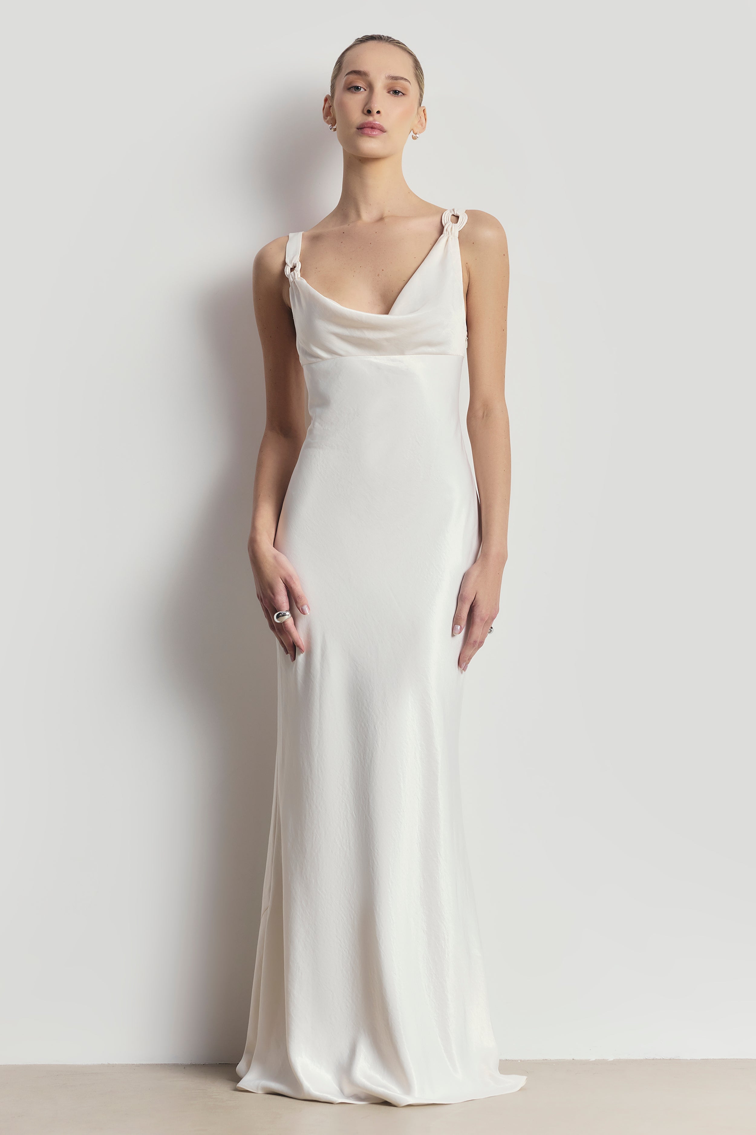 formal satin cowl neck dress Cowl Neck Satin Midi Shift Dress – New York & Company main image 1