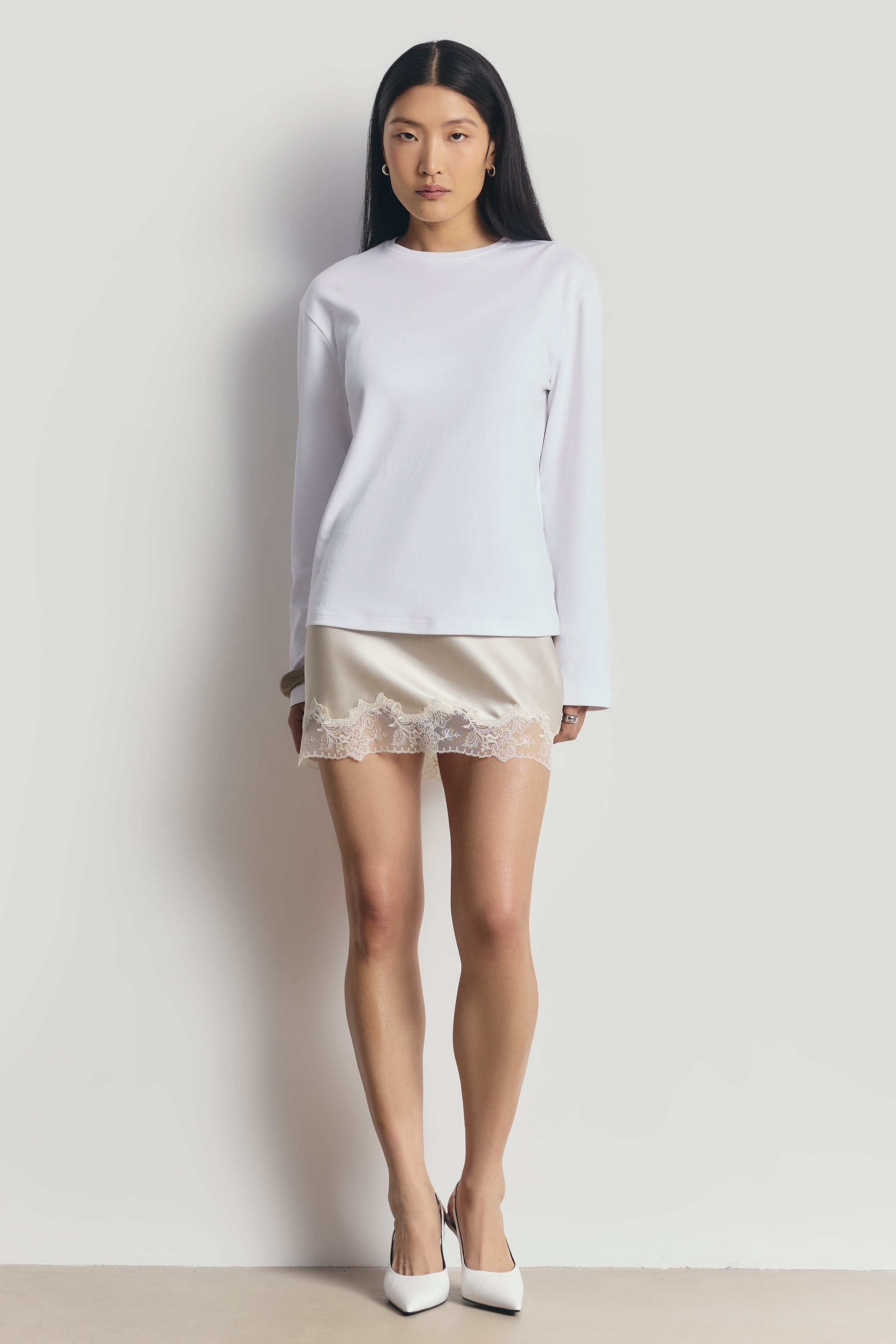 Satin Lace Detail Mini Skirt - Champagne