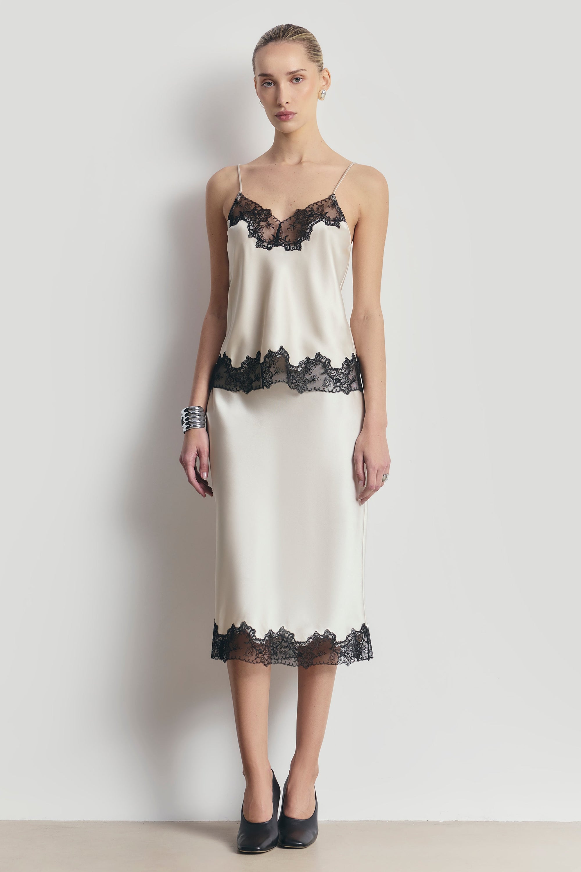 Satin Lace Detail Midi Skirt - Champagne/Black