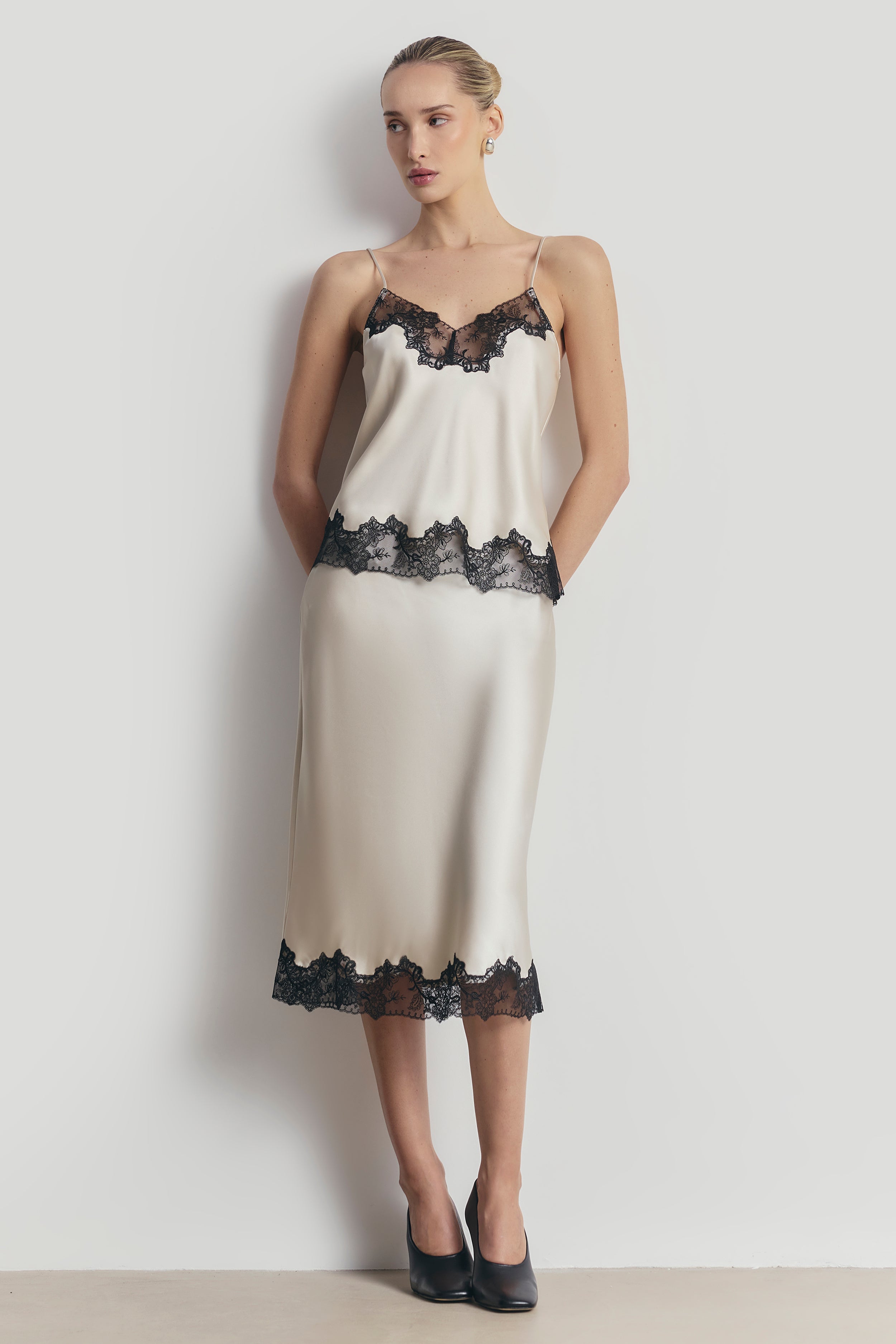 Satin Lace Detail Camisole - Champagne/Black | BOA US