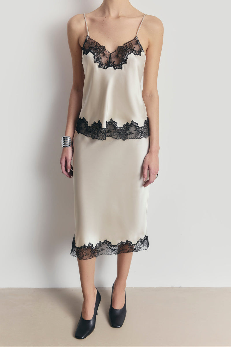 Satin Lace Detail Midi Skirt - Champagne/Black
