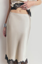 Satin Lace Detail Midi Skirt - Champagne/Black