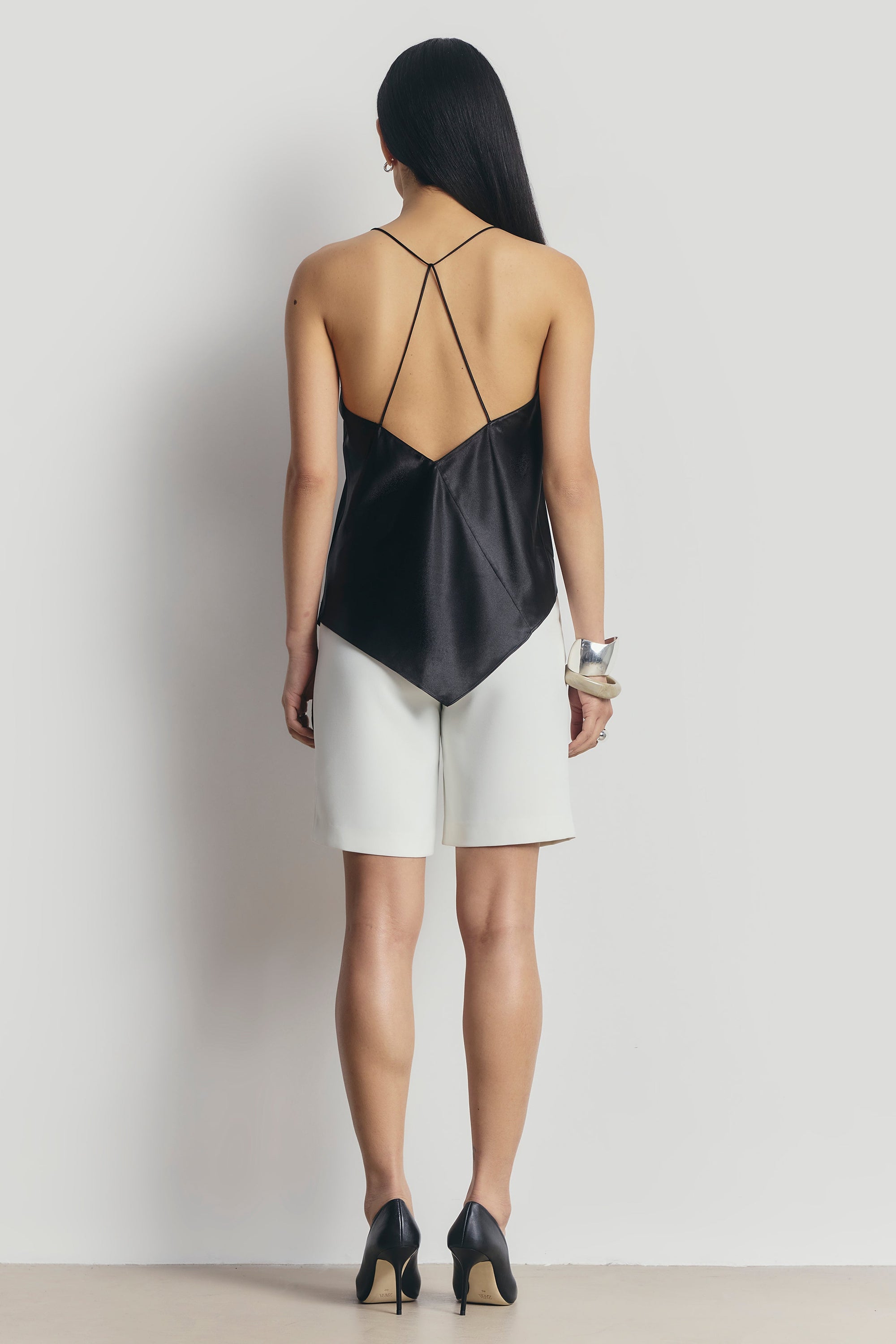 Satin Panel Detail V Neck Camisole - Black