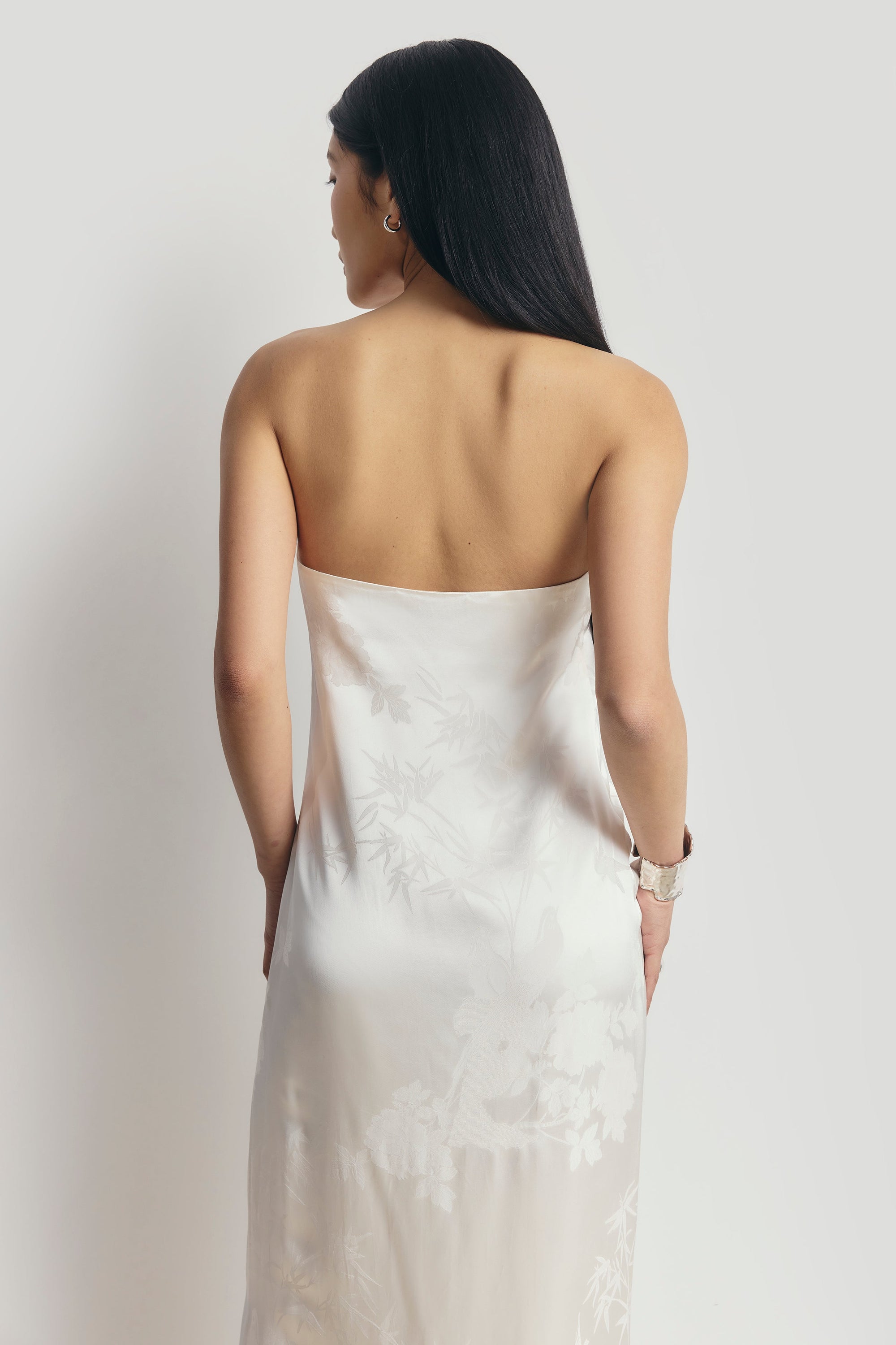 satin jacquard slip maxi dress Satin Jacquard Strapless Maxi Dress - Cream