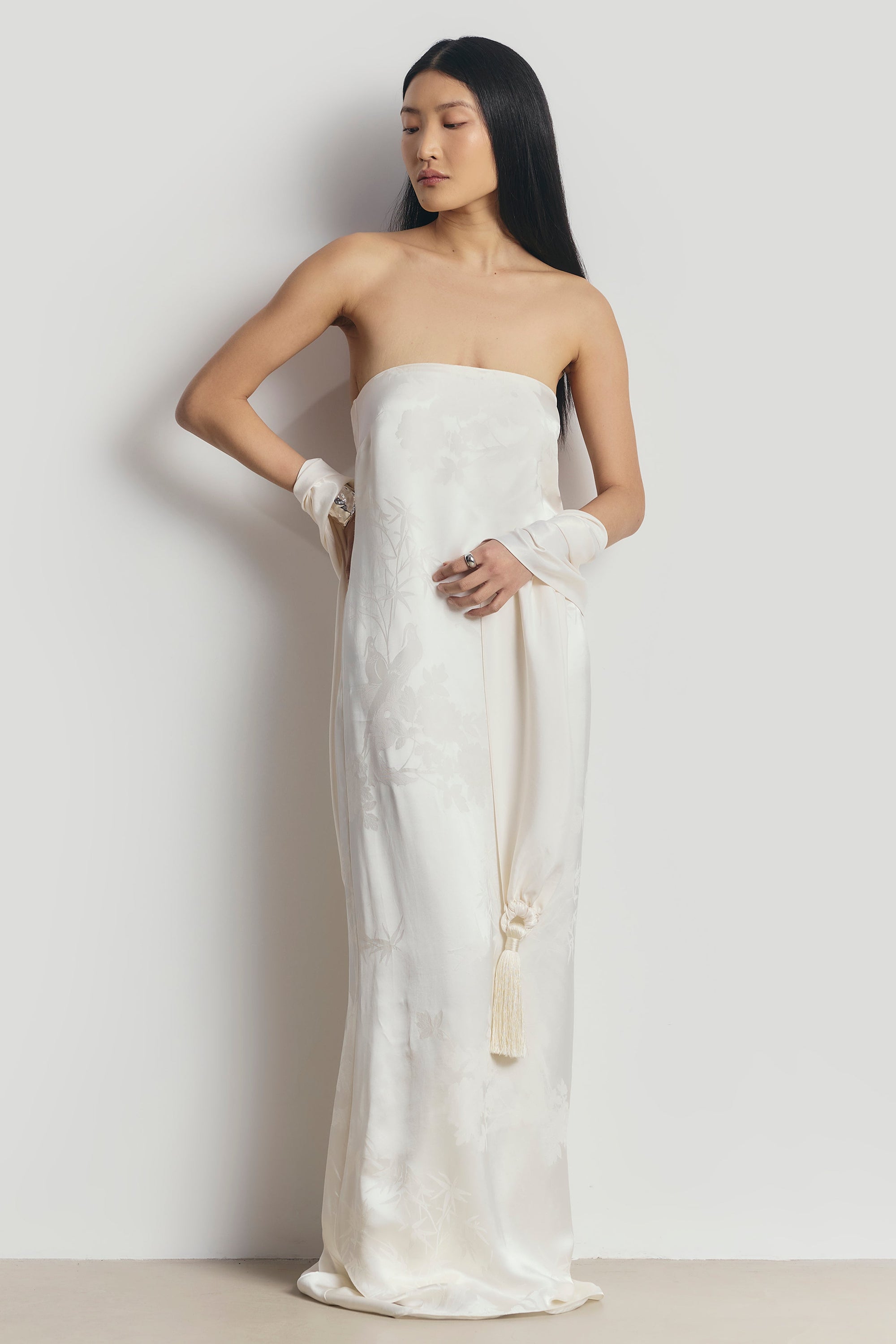 Satin Jacquard Strapless Maxi Dress - Cream