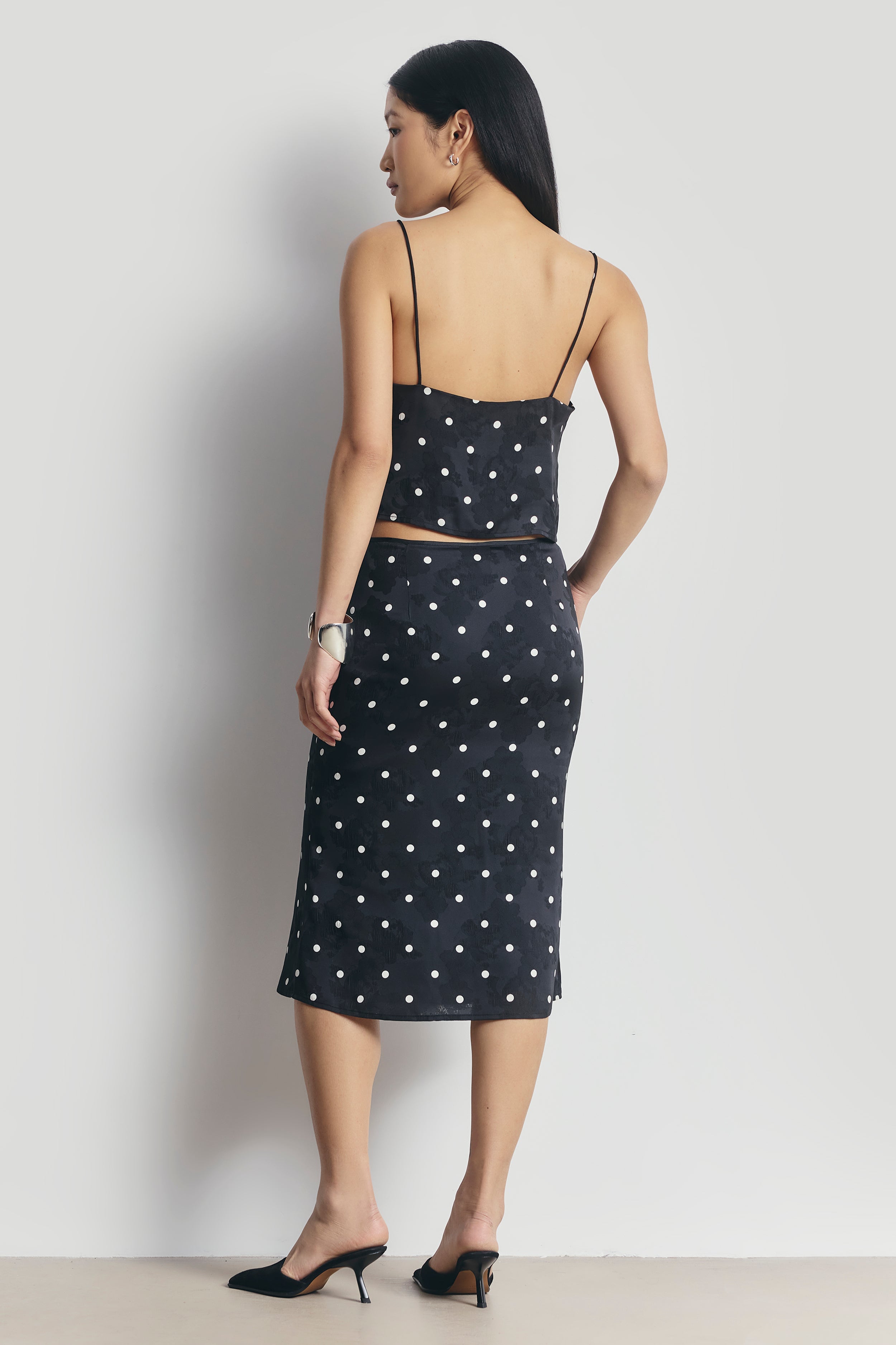 Satin Jacquard Polka Dot Midi Skirt - Black Polka Dot