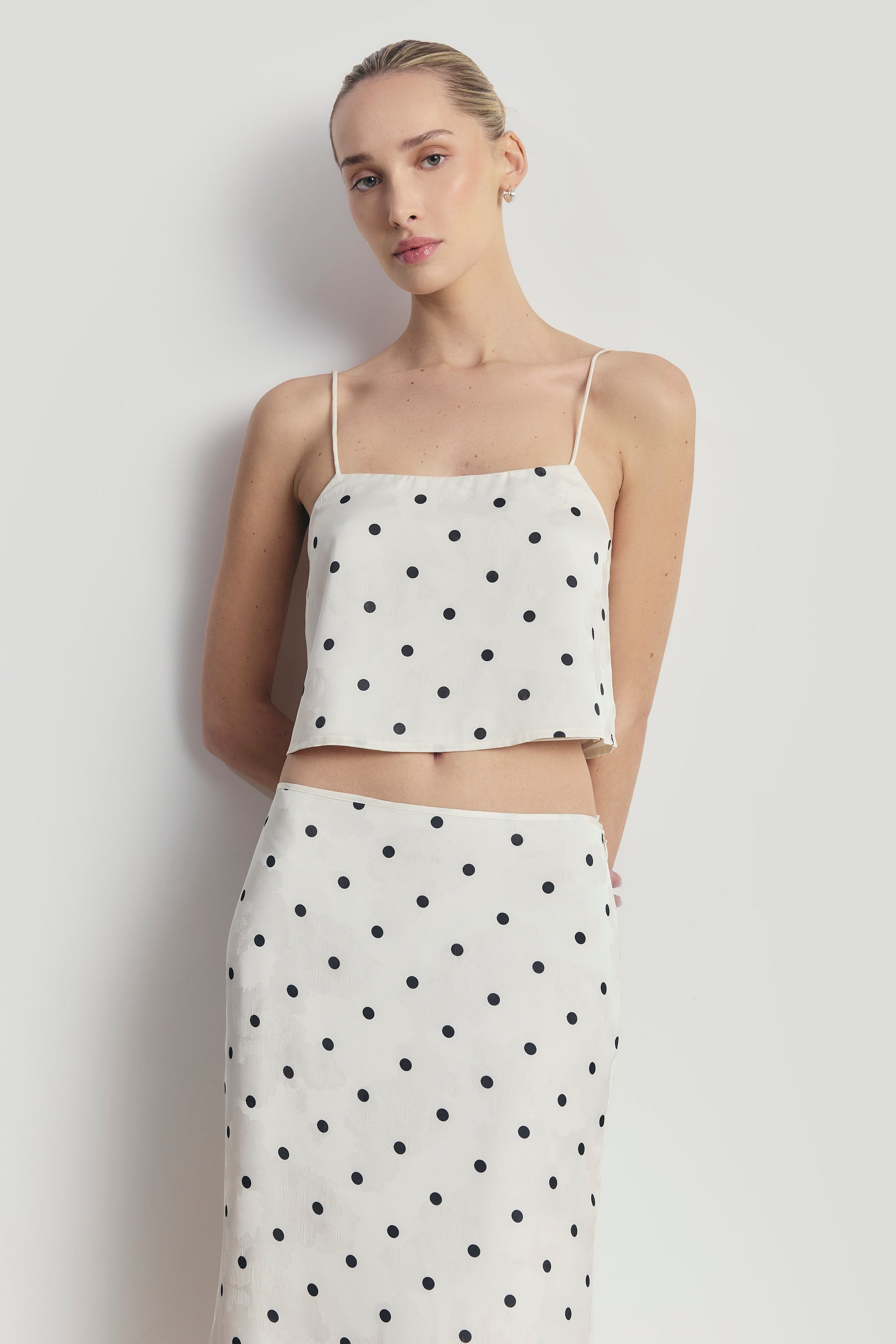 Satin Jacquard Polka Dot Midi Skirt - Cream Polka Dot