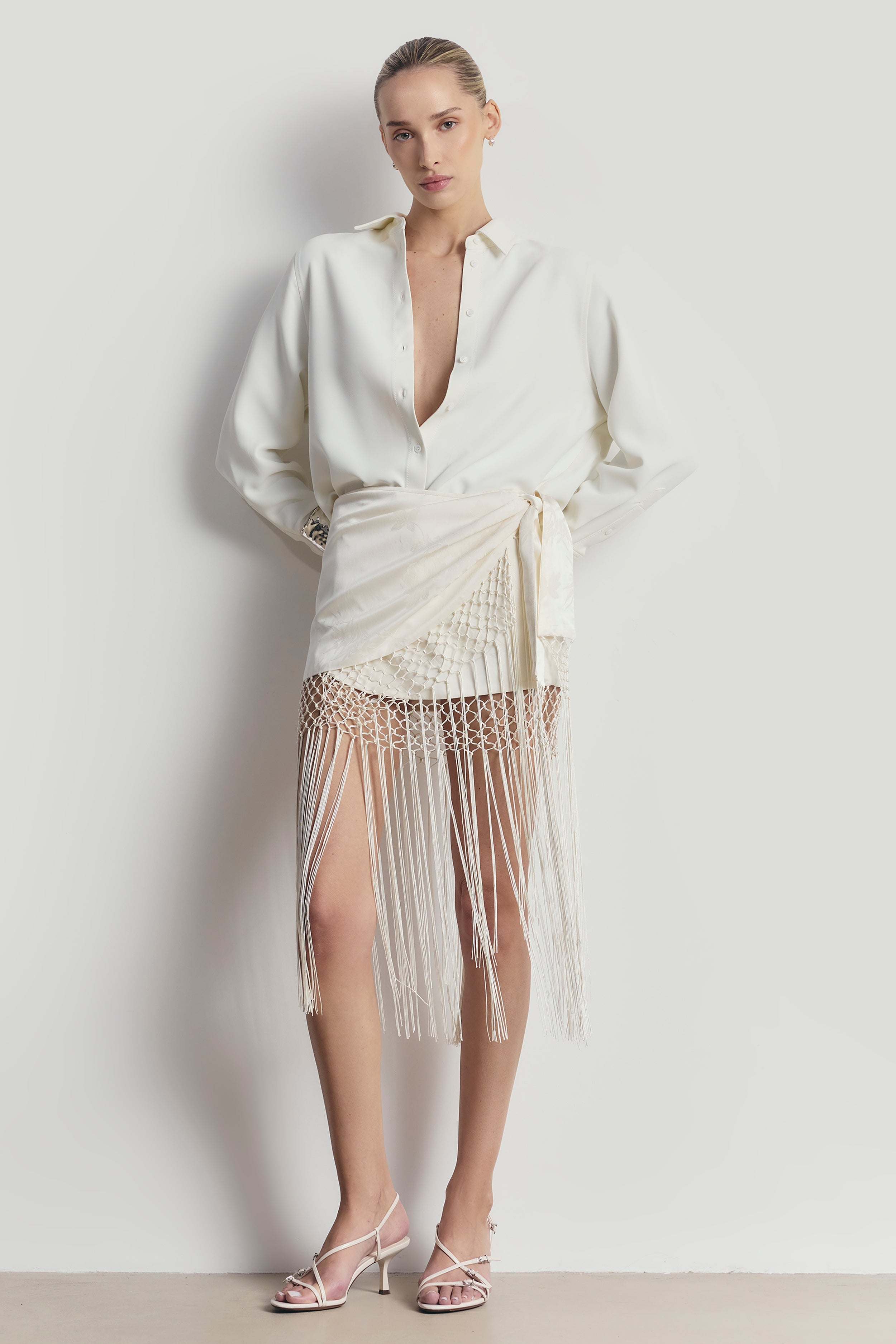 Satin Jacquard Sarong Midi Skirt with Fringing - Cream