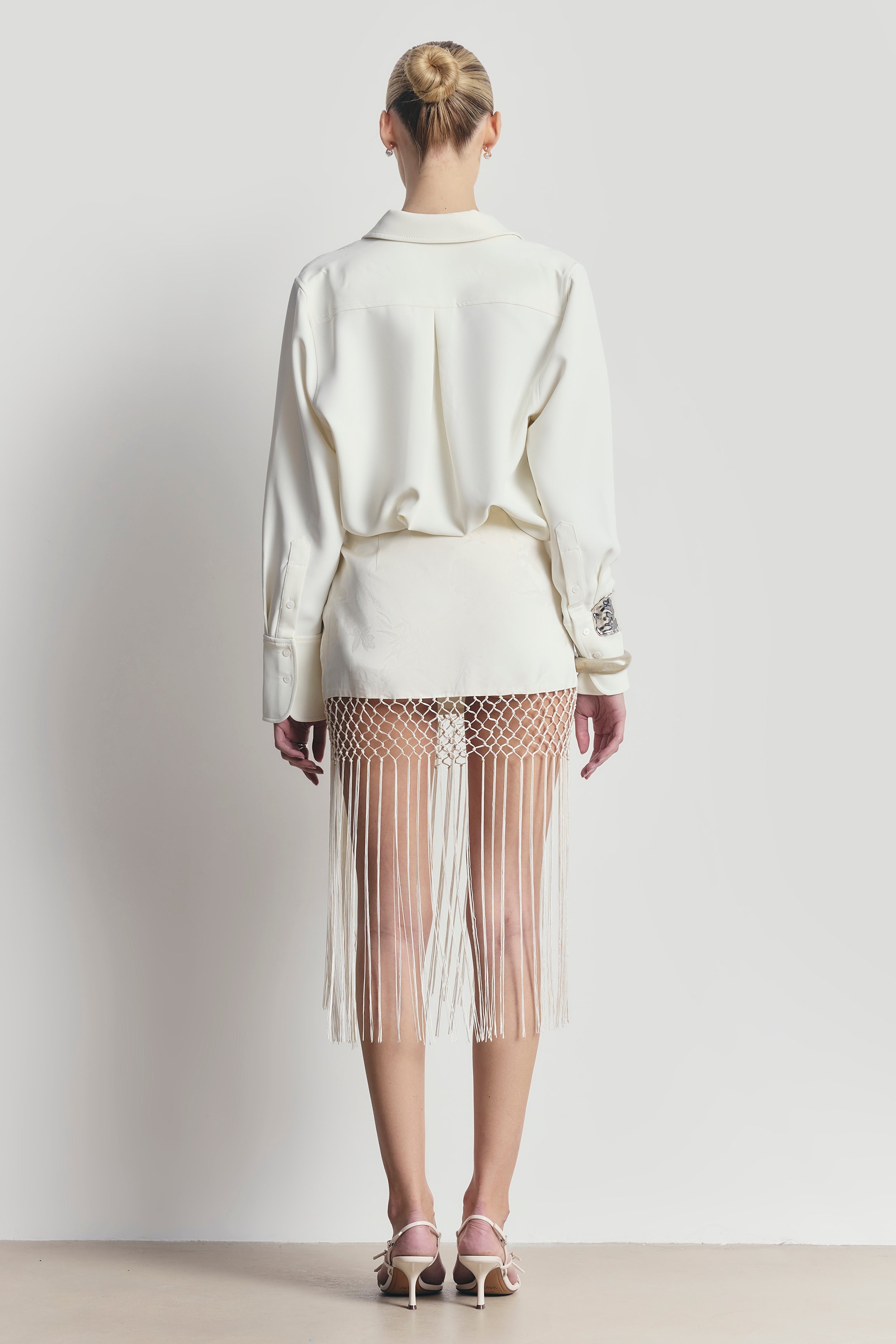 Satin Jacquard Sarong Midi Skirt with Fringing - Cream