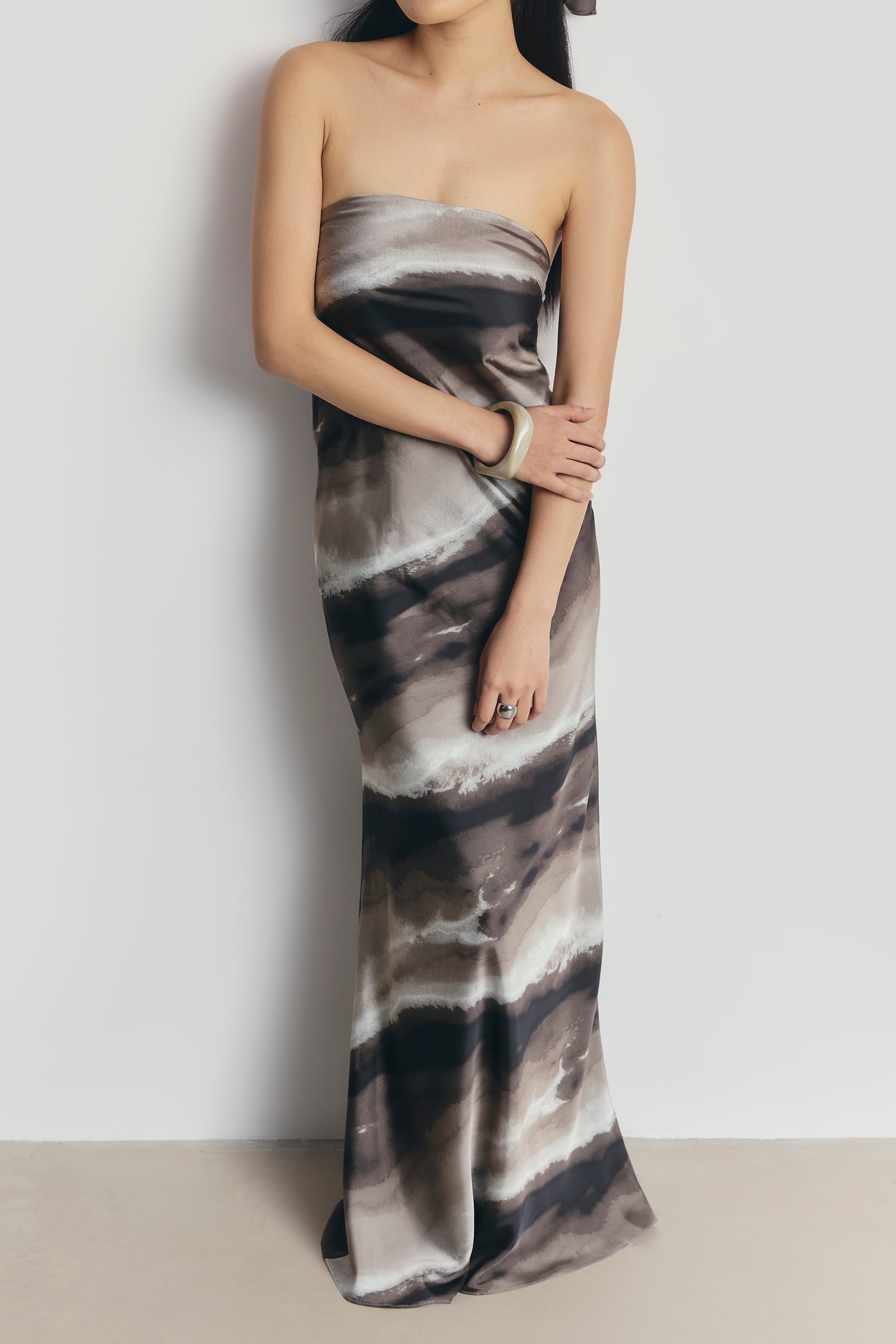 Satin Strapless Maxi Dress - Sage Marble
