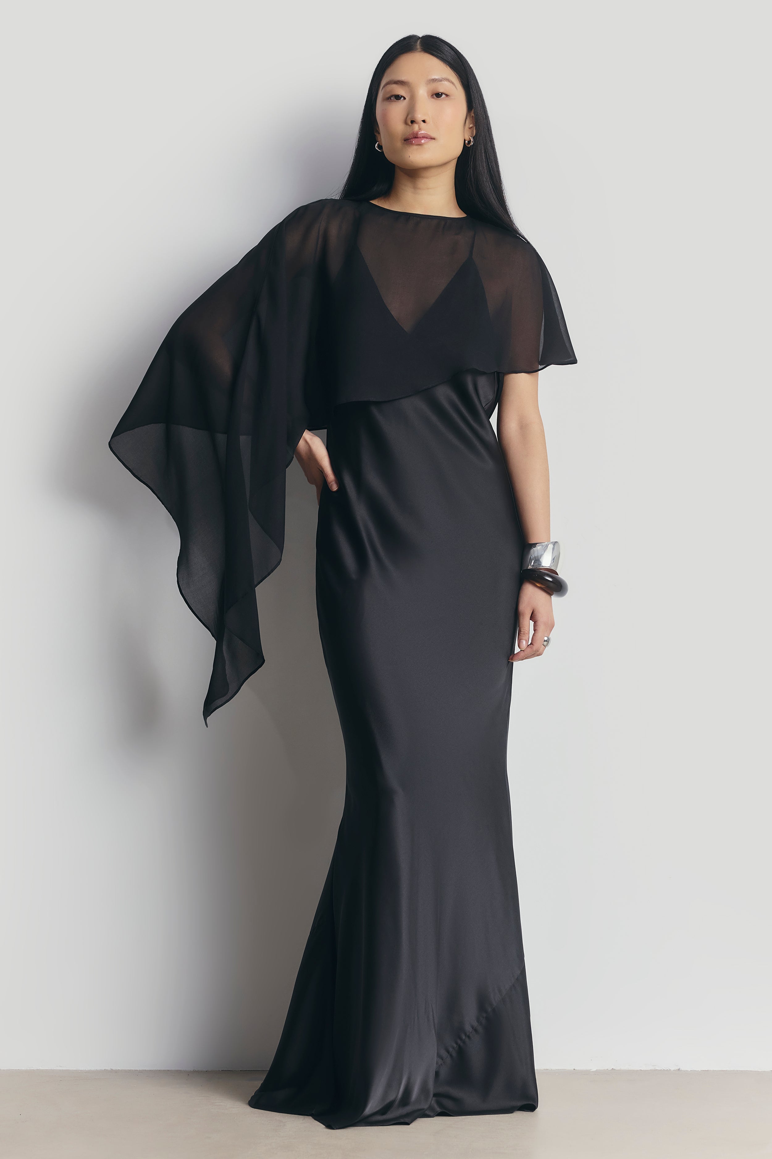 Sheer Chiffon Asymmetric Cape - Black