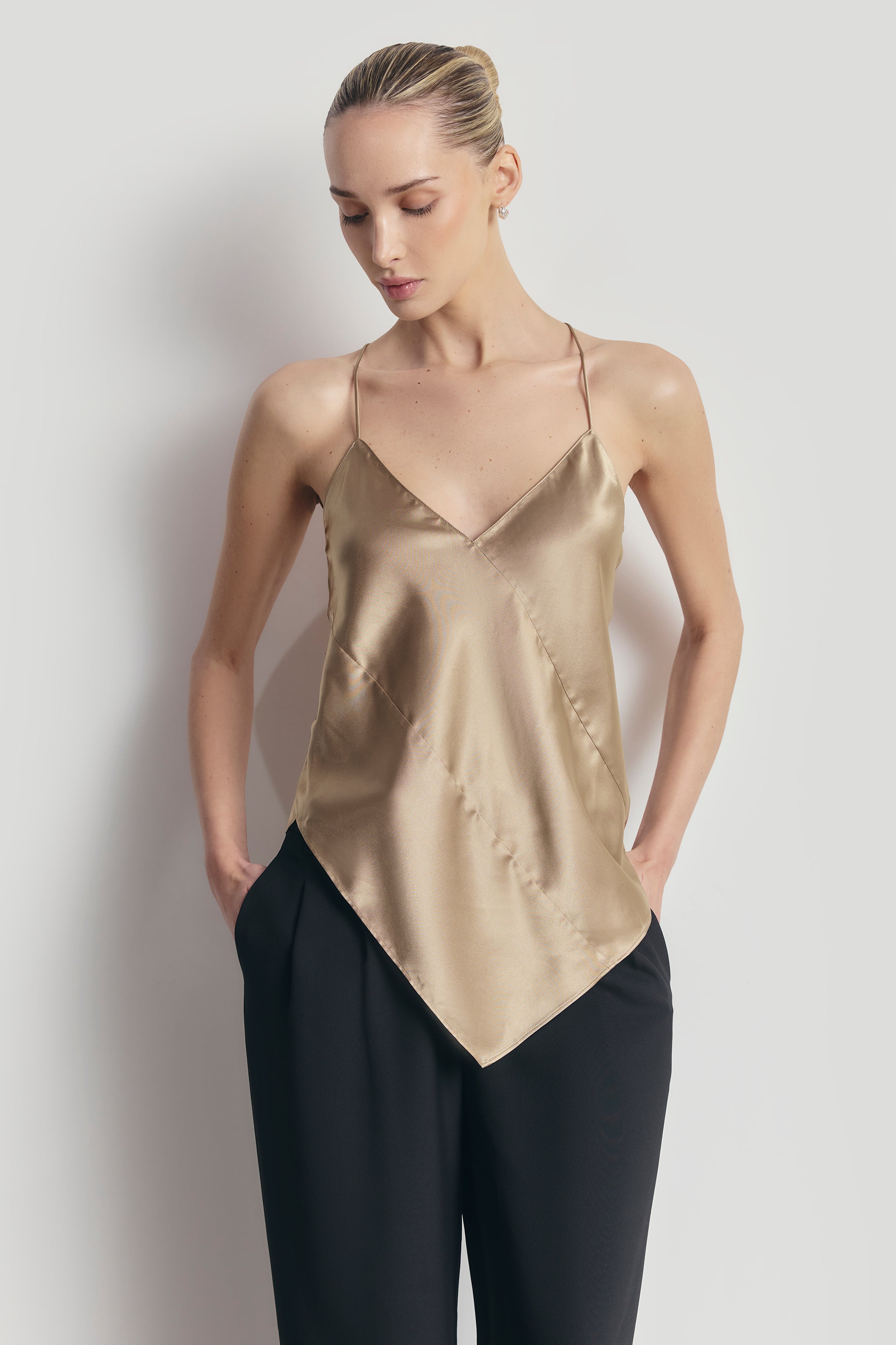 Satin Panel Detail V Neck Camisole - Bronze | BOA US