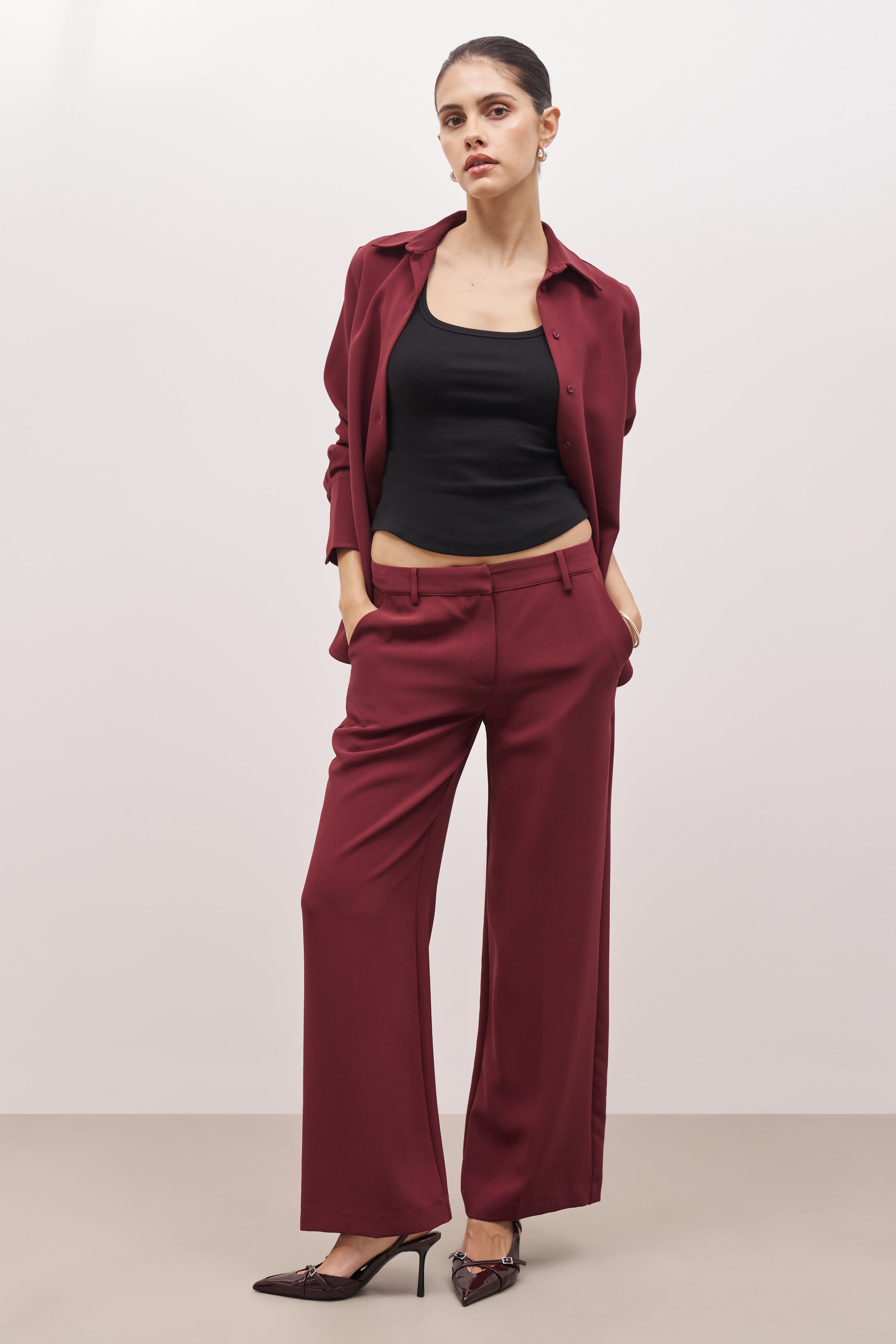 Draped Mid Rise Trousers - Burgundy