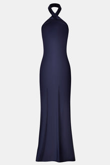 Satin Cross Strap Halter Gown - Navy