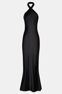 Satin Cross Strap Halter Gown - Black