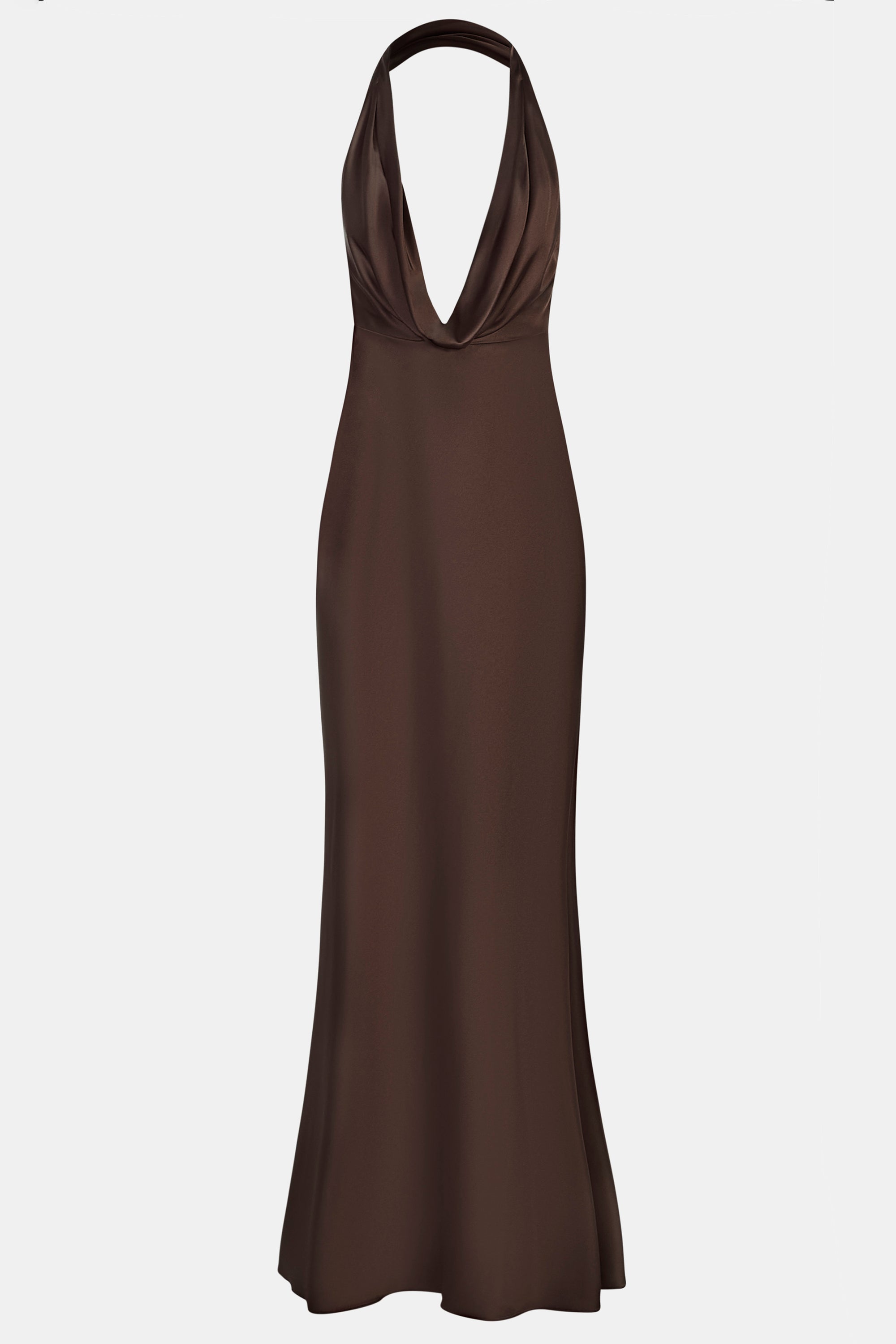 Satin Plunging Cowl Neck Maxi Dress - Carob