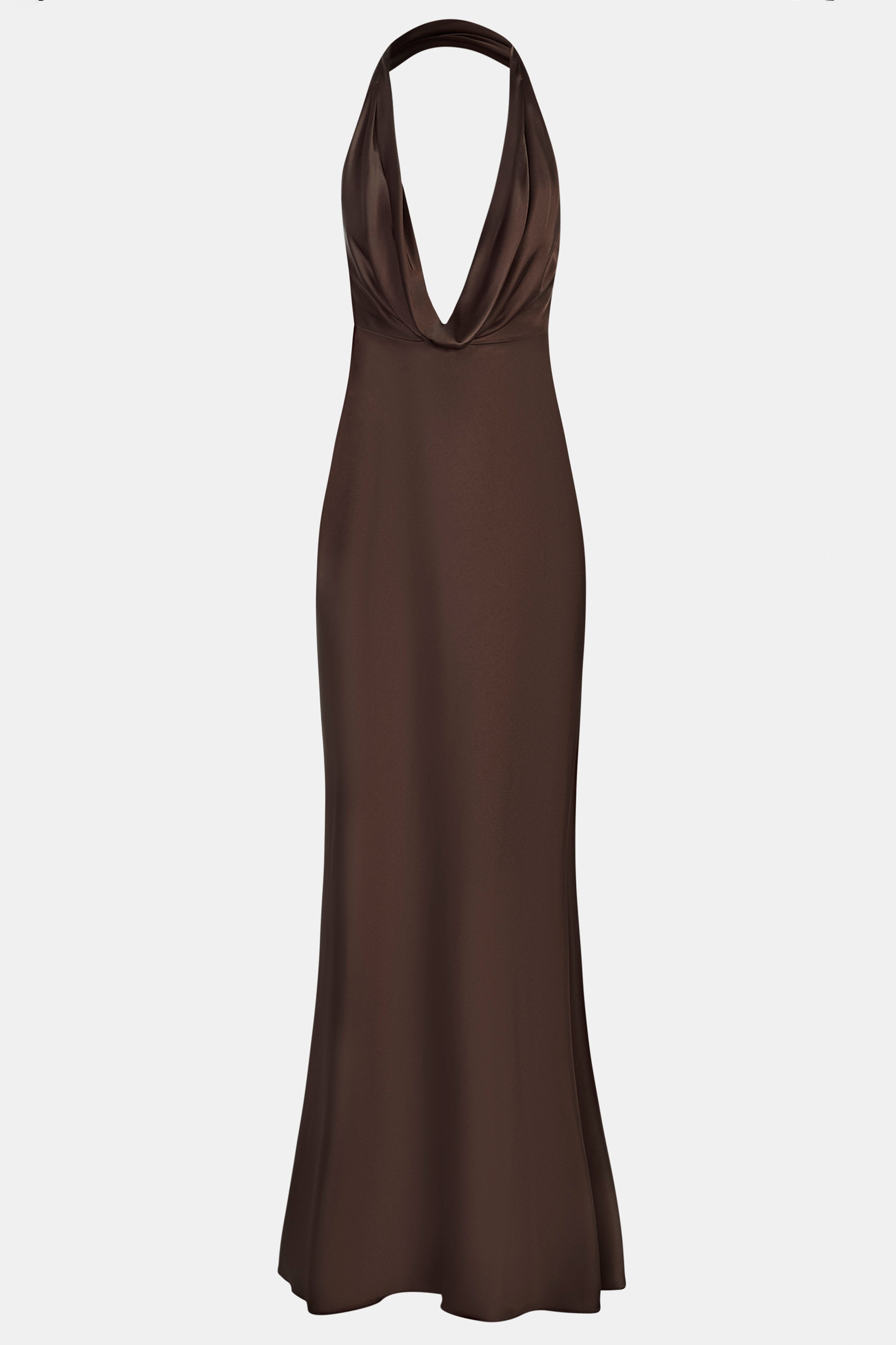 Satin Plunging Cowl Neck Maxi Dress - Carob