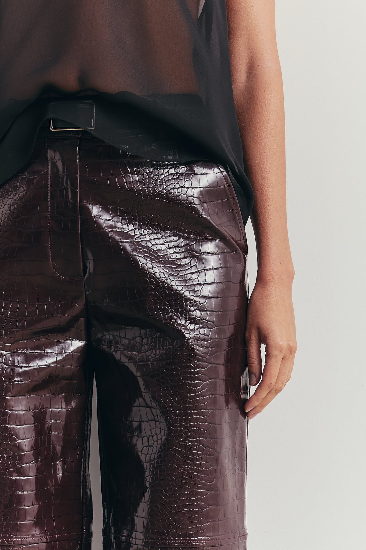 Croc Embossed Leather Wide Leg Trousers - Oxblood