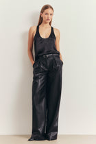 Crushed Satin Plunge U Neck Tank Top - Black