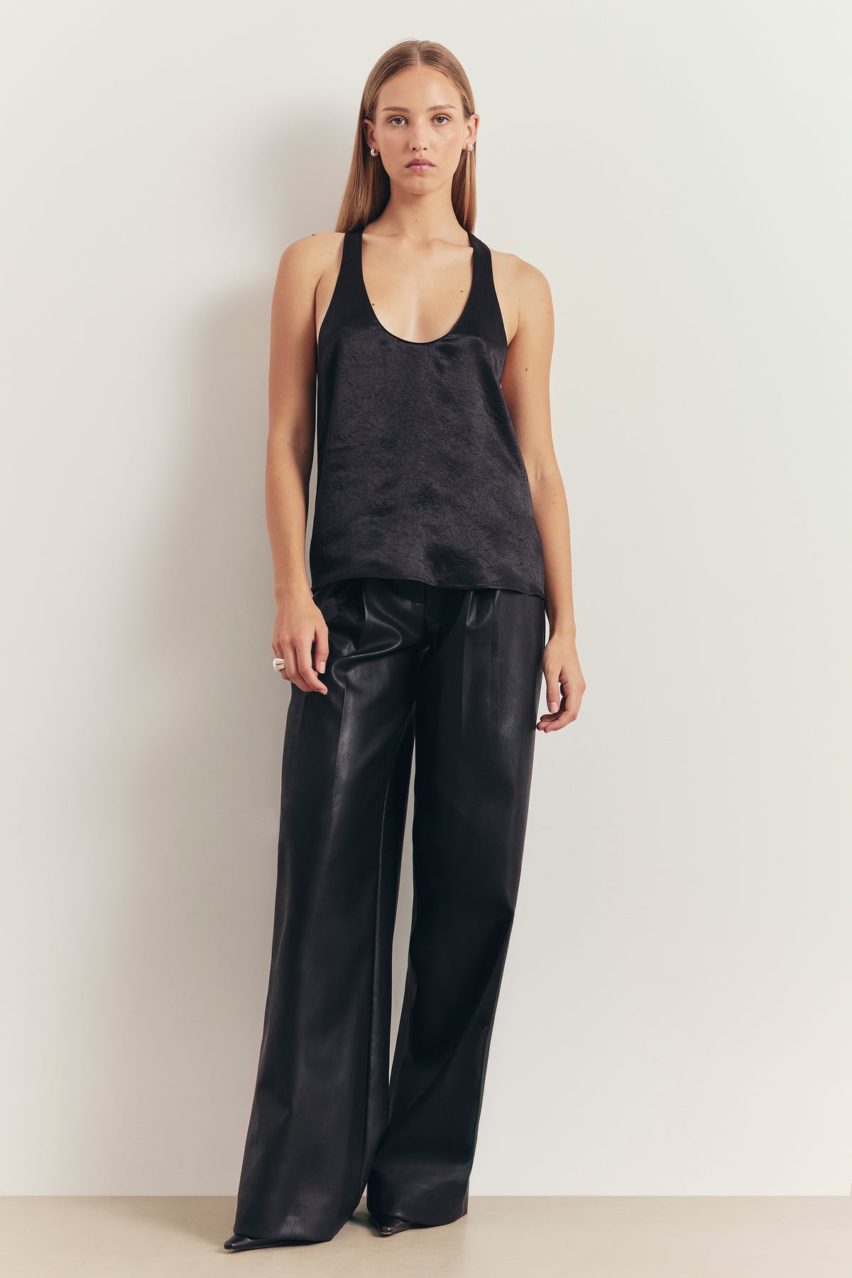 Crushed Satin Plunge U Neck Tank Top - Black