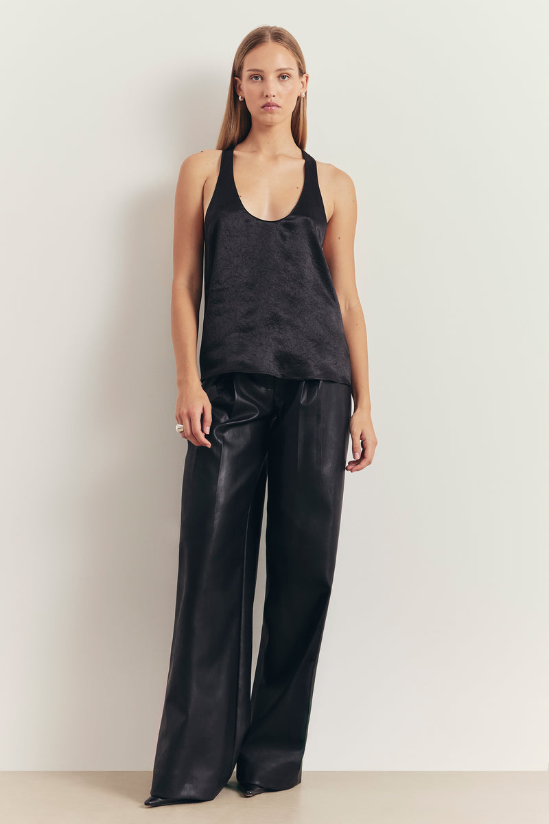 Crushed Satin Plunge U Neck Tank Top - Black