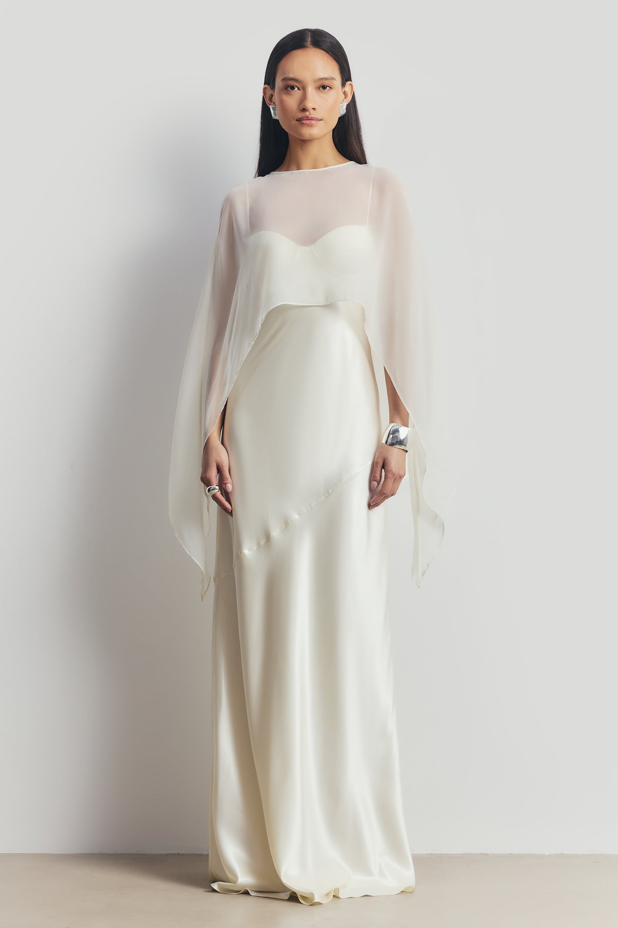 white floor length slip dress Satin maxi slip dress with small ruffles :: LICHI