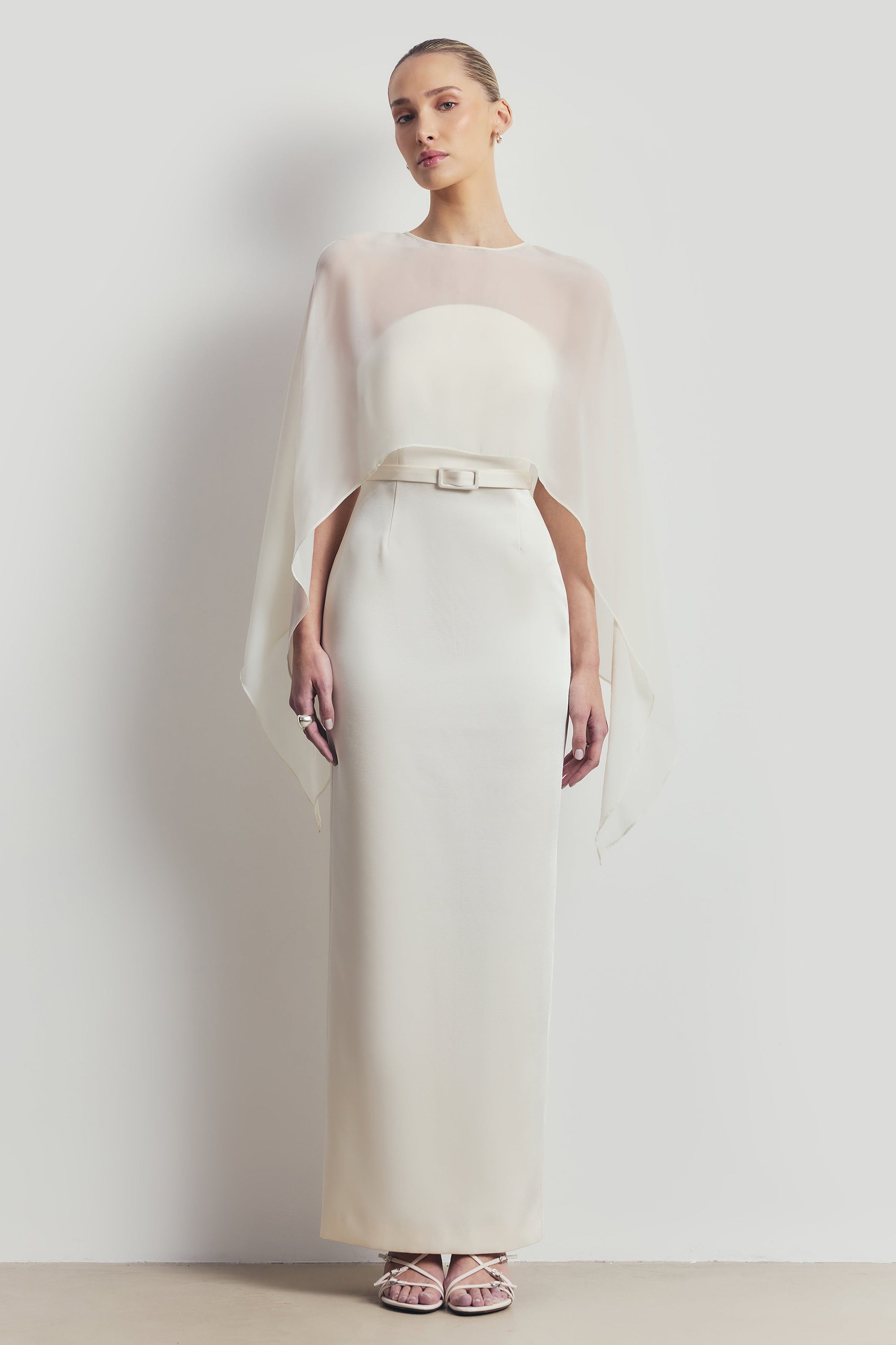 Sheer Chiffon Curved Hem Cape - Cream