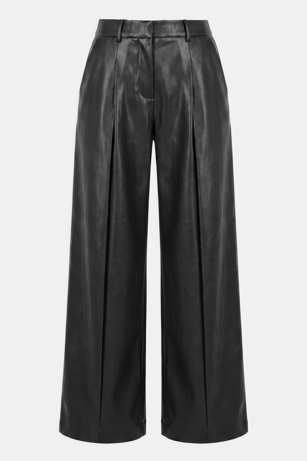 Leather Box Pleat Wide Leg Trousers - Black