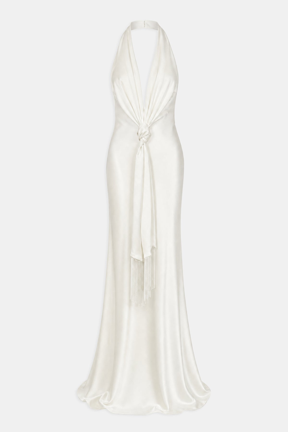 Plunging Knot Detail Gown with Fringing - Ivory