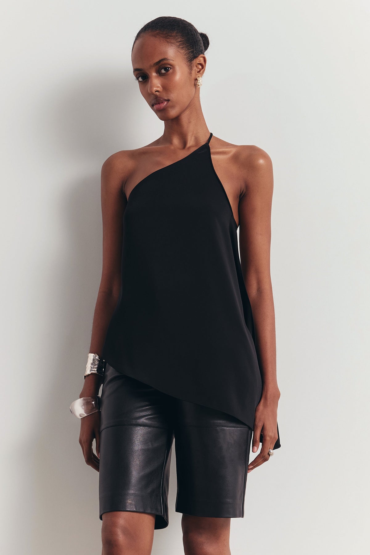 Flowing Asymmetric Open Back Top - Black