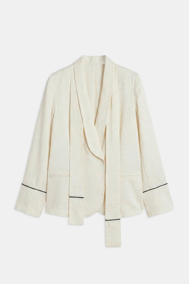 Shawl Collar Jacquard Blazer with Scarf - Cream