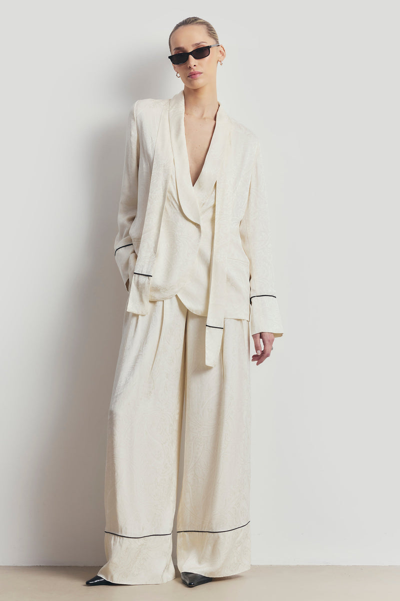 Shawl Collar Jacquard Blazer with Scarf - Cream
