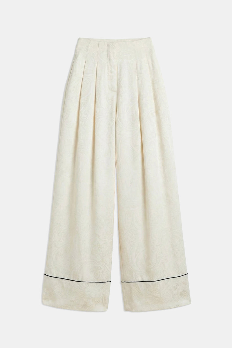 Pleated Jacquard Wide Leg Trousers - Cream