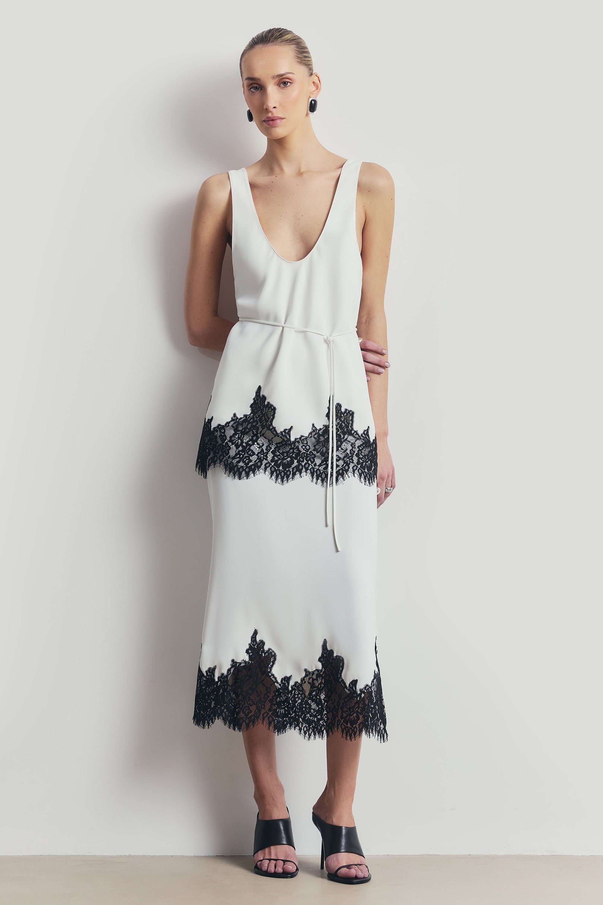Lace Hem Column Maxi Skirt - White