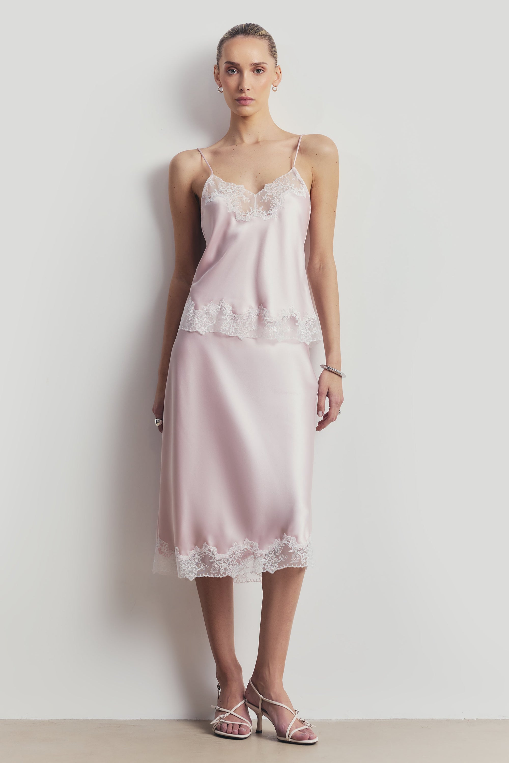 Satin Lace Detail Midi Skirt - Blush/White