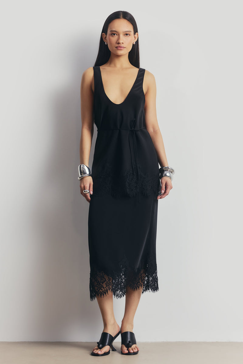 Lace Hem Column Maxi Skirt - Black