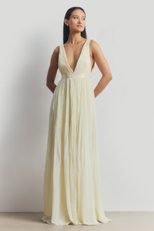 Pleated Chiffon Plunging V Neck Gown - Buttermilk