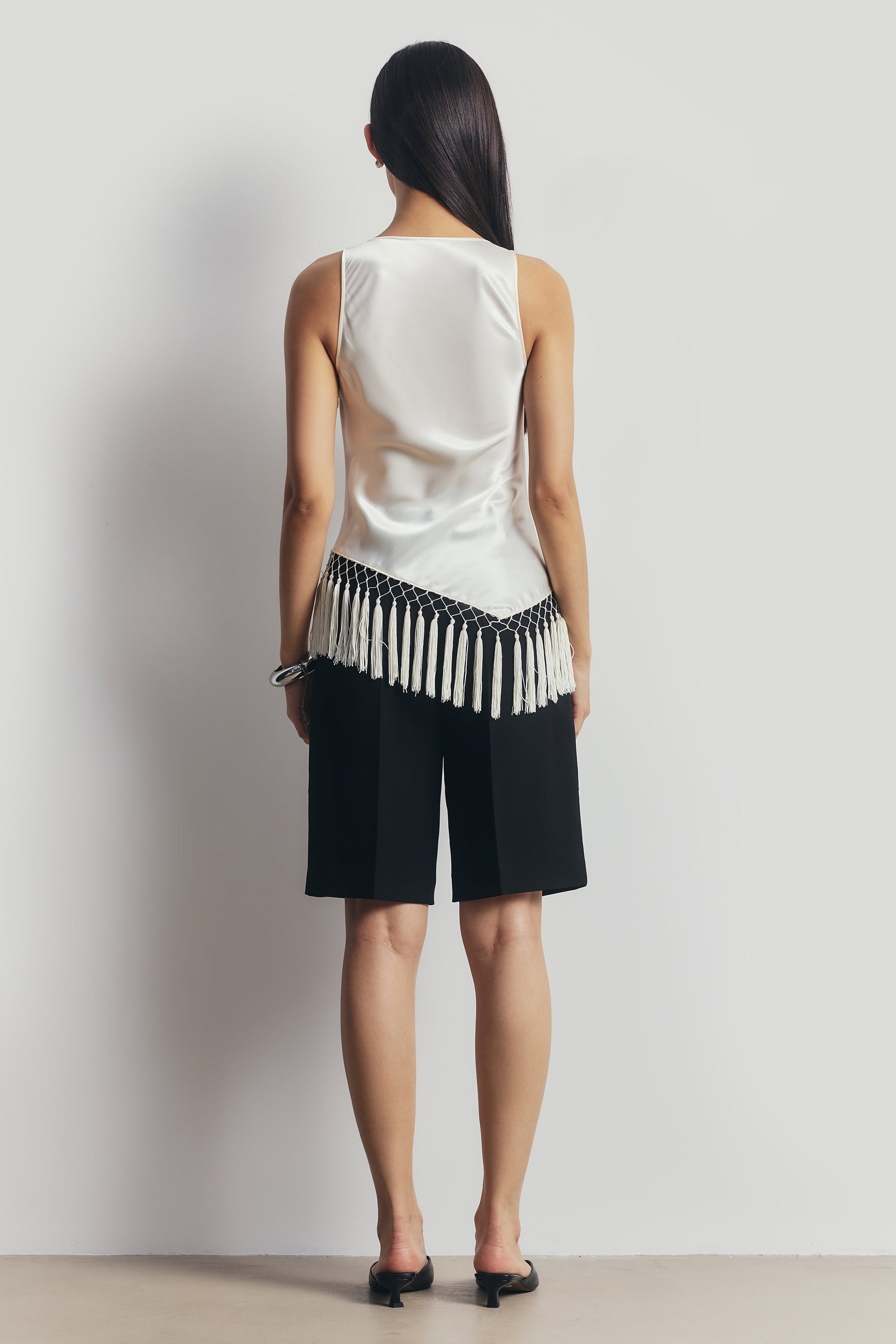 Satin Cowl Neck Tassel Hem Top - Cream