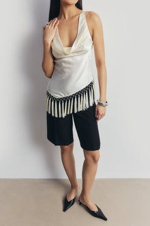 Satin Cowl Neck Tassel Hem Top - Cream