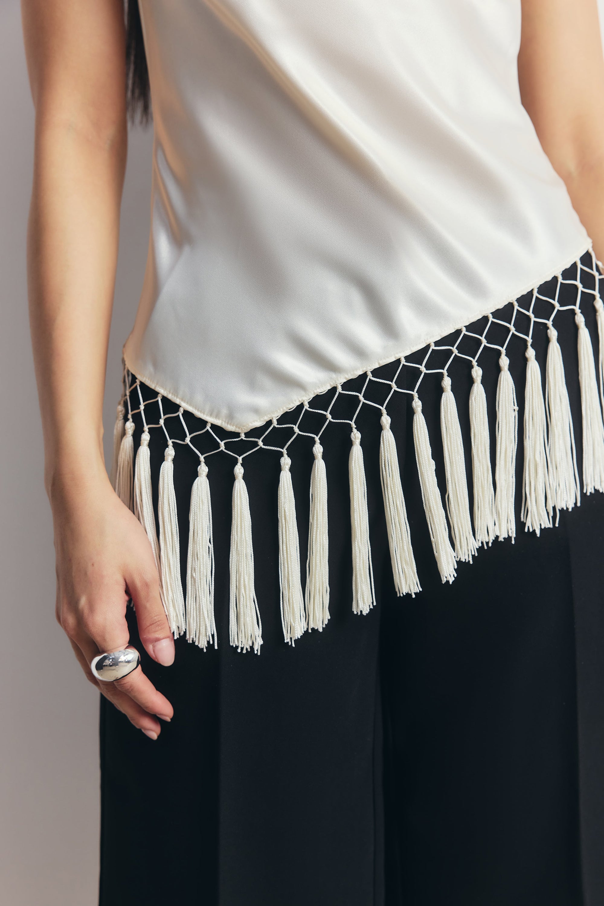Satin Cowl Neck Tassel Hem Top - Cream