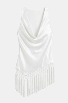 Satin Cowl Neck Tassel Hem Top - Cream
