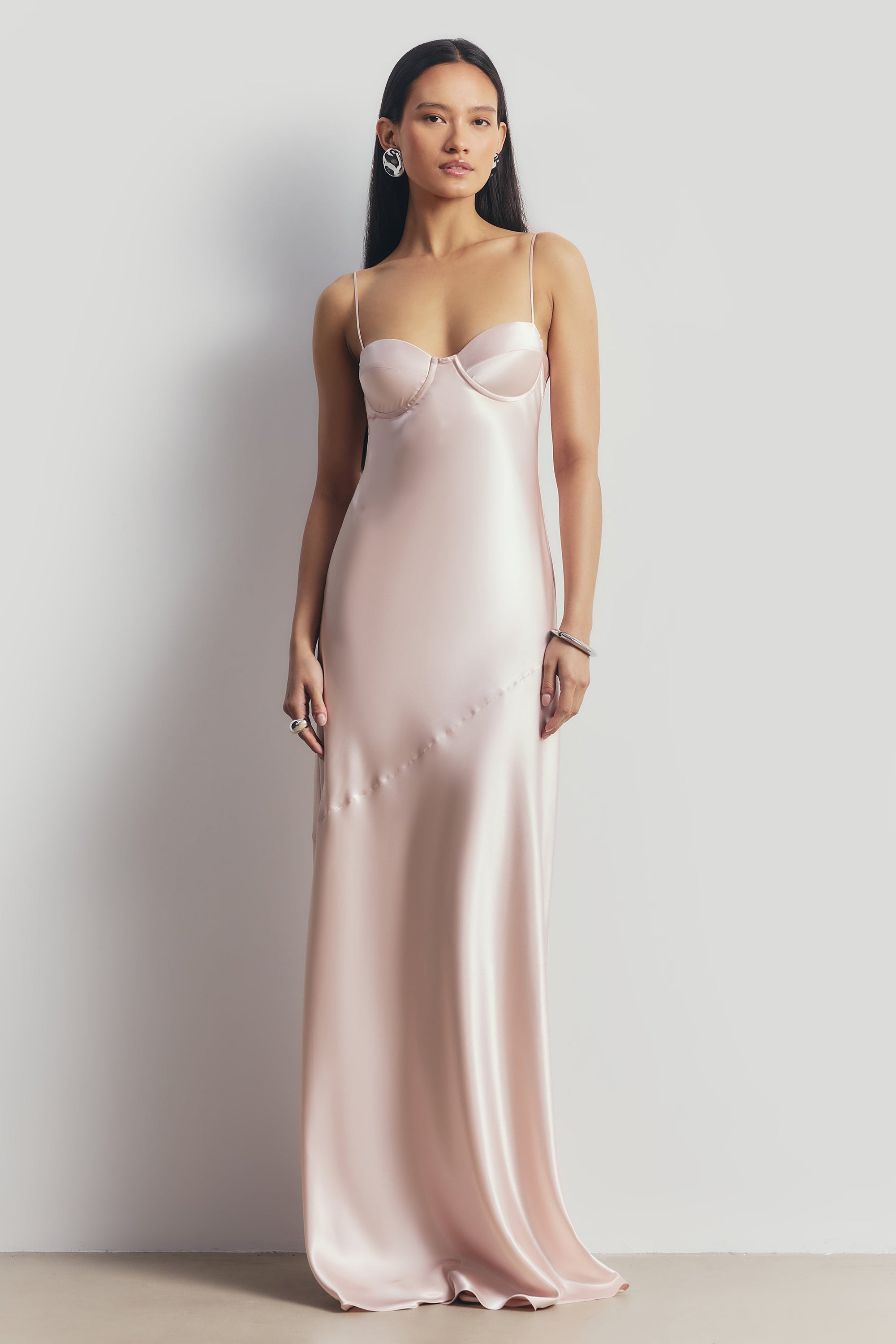 satin dress with cups Women's Petite Lemon Scalloped Cup Tie Shoulder Satin Maxi Dress