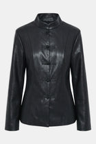 Leather Mandarin Collar Jacket - Black